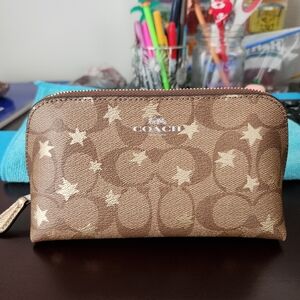 Coach Leather Brown Gold Star Cosmetic Travel Bag
